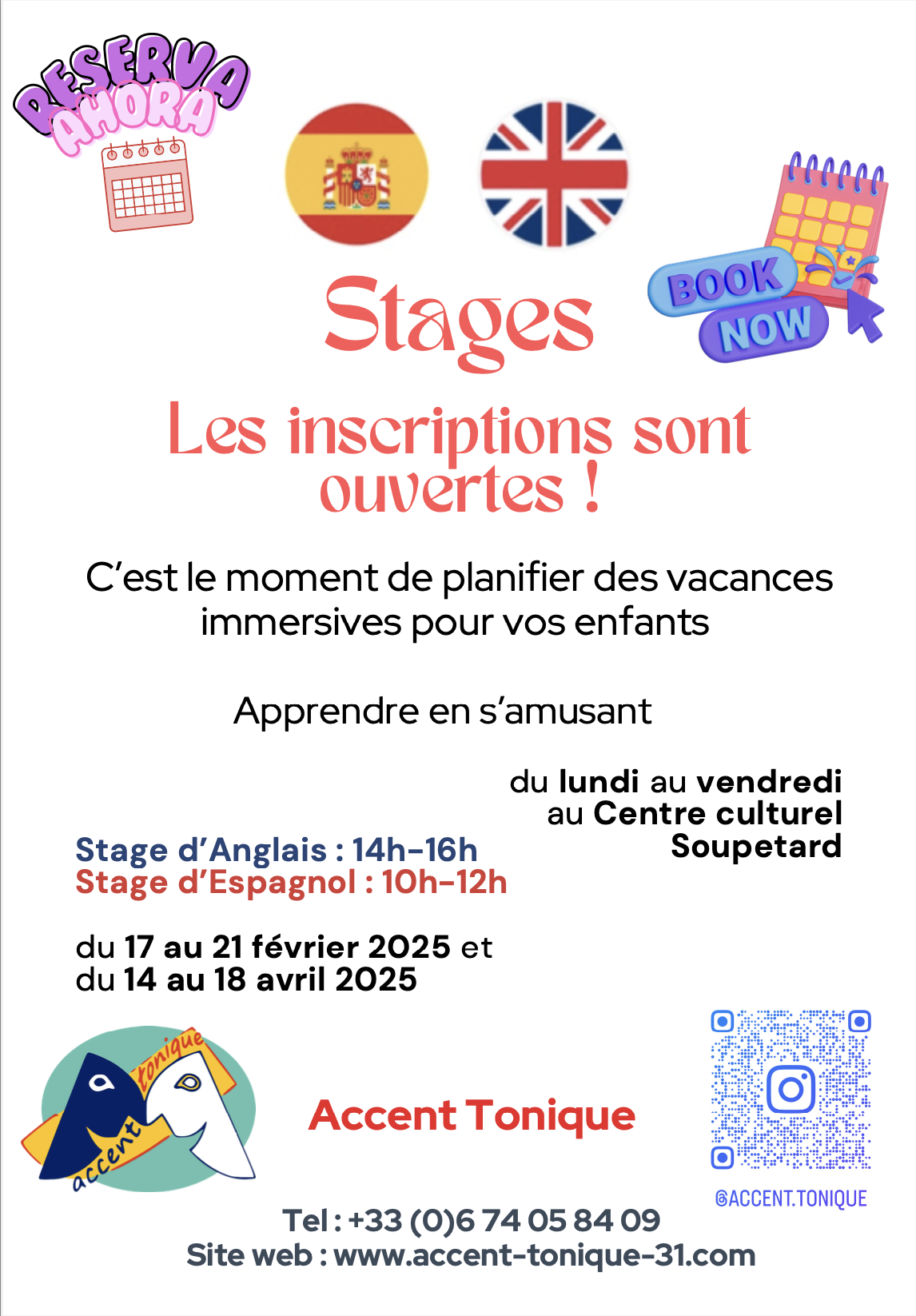 Stage d'espagnol et d'anglais pendant les vacances scolaires pour enfants et adolescents